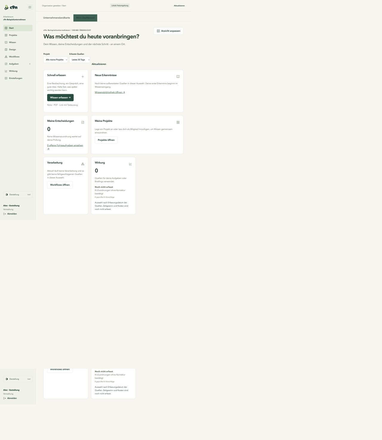 Persönliches Dashboard mit Wissen, Projekten und Entscheidungen im lokalen Testarbeitsraum.